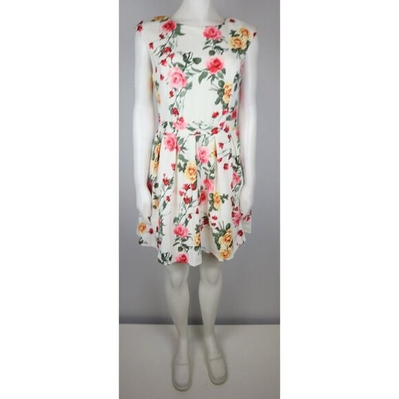 EMERALD SUNDAE - WOMEN'S WHITE FLORAL PRINT FIT & FLARE DRESS - SIZE L - Picture 1 of 6